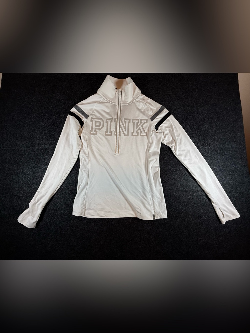 PINK Half-Zip Pullover in Light Cream with Black Shoulder Stripes